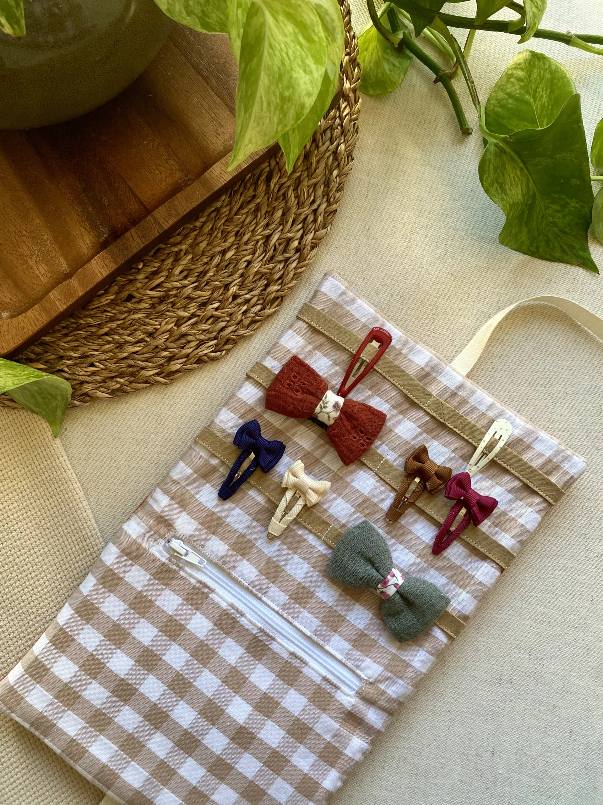 RANGE-BARETTES ENFANT - VICHY BEIGE / VELOURS TERRACOTTA