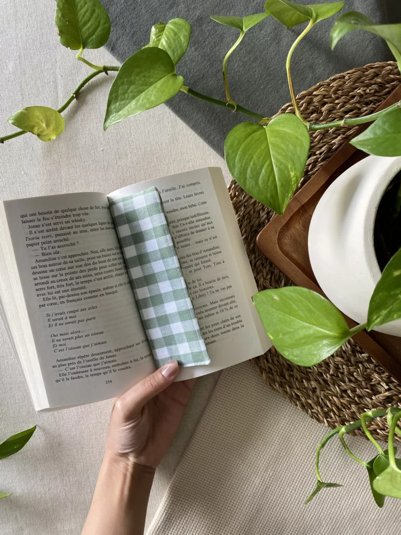HOUSSE DE LIVRE ET MARQUE PAGE - VICHY VERT