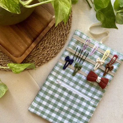 RANGE-BARETTES ENFANT - VICHY VERT / VELOURS KAKI