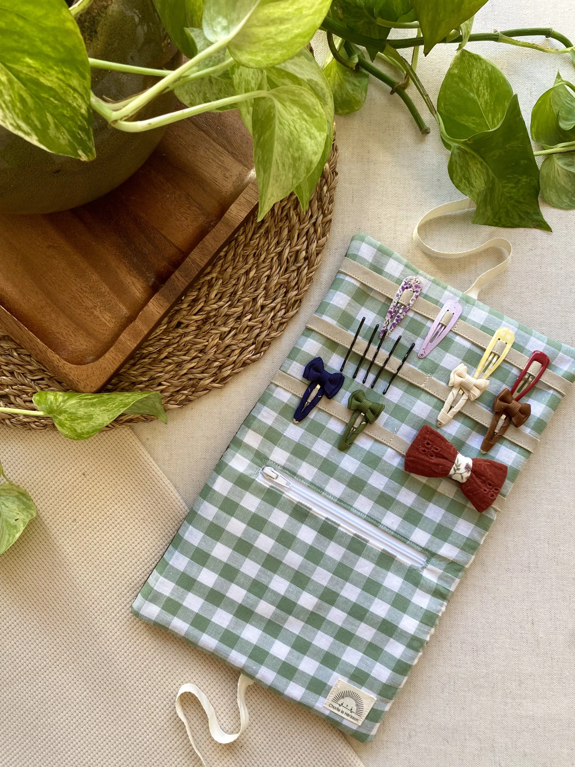 RANGE-BARETTES ENFANT - VICHY VERT / VELOURS KAKI