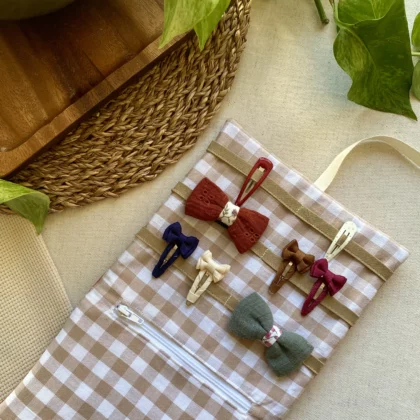 RANGE-BARETTES ENFANT - VICHY BEIGE / VELOURS TERRACOTTA